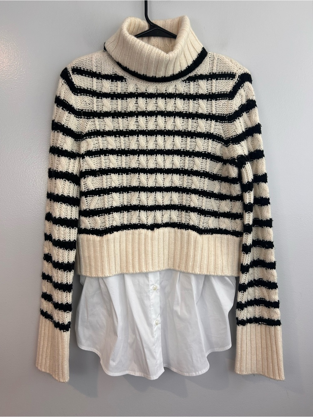Veronica Beard Iyla Wool Turtleneck Poplin Sweater Ivory & Black Striped Small